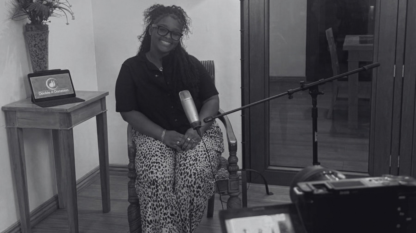 A guest recording an interview with the Foundry for Good team